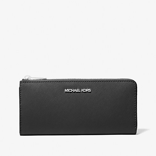 MICHAEL KORS 經典素面L型拉鍊長夾 十字紋防刮真皮革 皮夾 長夾 M23980 黑色MK(現貨)▶指定Outlet商品5折起☆現貨【送禮首選★APP下單點數4倍送】