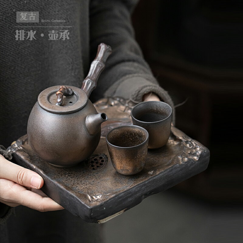 尚巖 日式復古功夫茶具家用一壺二杯干泡臺小套裝側把壺2人泡茶組