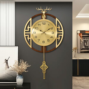 鐘表新中式掛鐘客廳家用時尚中國風2022新款鹿頭黃銅木表掛墻時鐘