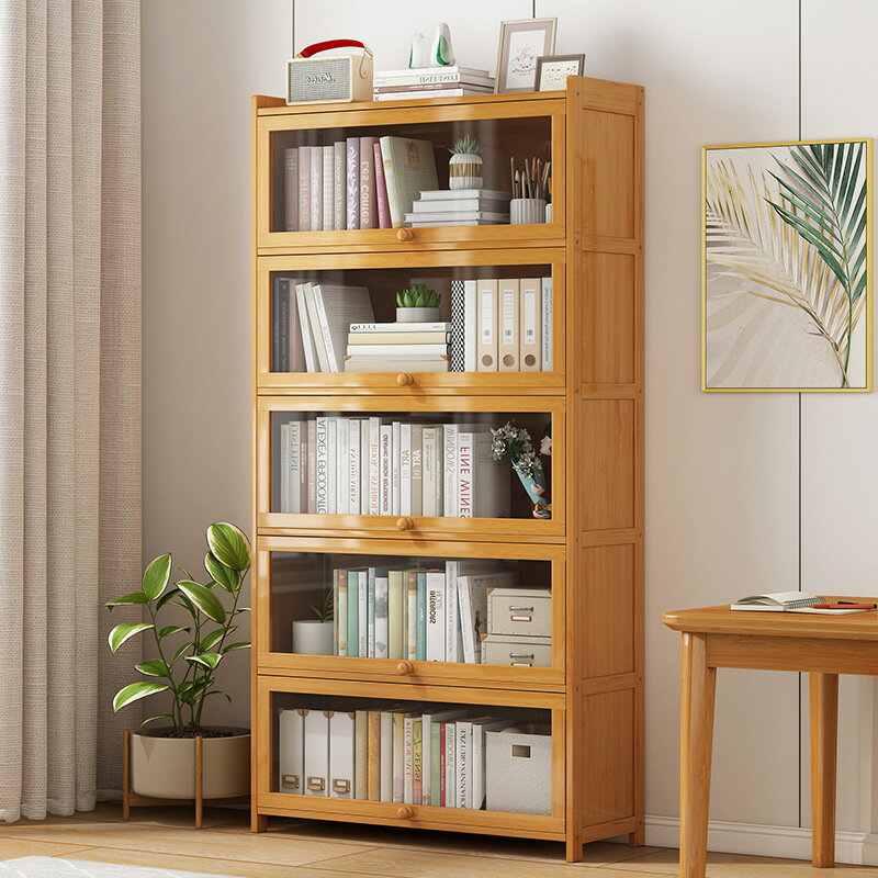 書架置物架落地簡易實木防塵多層收納學生簡約客廳玻璃門家用書櫃
