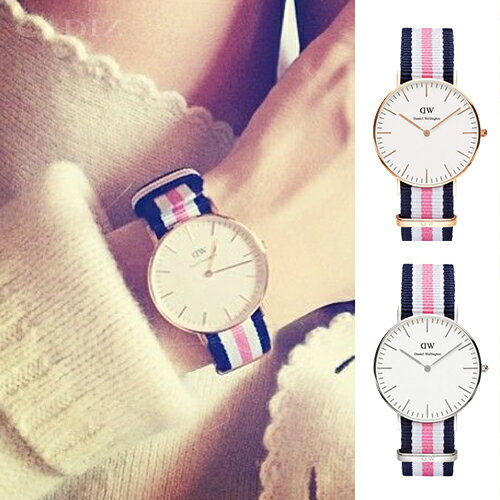 【Cadiz】瑞典正品 Daniel Wellington 手錶 0506DW玫瑰金 0605DW銀色 CLASSIC SOUTHAMPTON 藍白粉紅尼龍錶帶 蛋殼白錶盤 36mm 對錶 情侶錶 男女錶 兩年保固