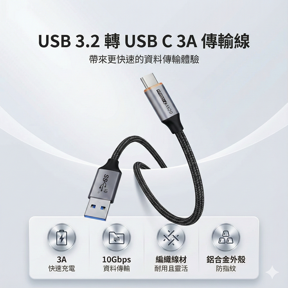 【CABLETIME】USB 3.2 Gen2 傳輸線 A轉C 10Gbps 60W快充 數據線 適用手機/筆電/硬碟/iPad