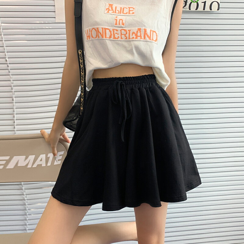 黑色短裙女夏2021寬松韓版高腰顯瘦蓬蓬裙褲半身裙傘裙五分小黑裙