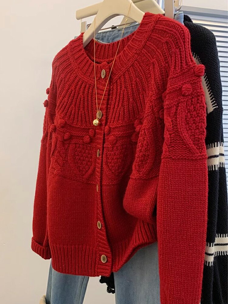 新年費爾島紅色毛衣外套女冬季加厚復古寬松慵懶風針織開衫外穿