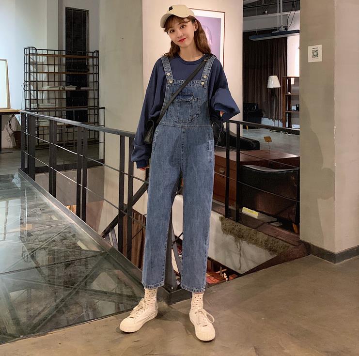 減齡背帶褲女秋季新款韓版chic寬松顯瘦休閑百搭牛仔九分褲1入