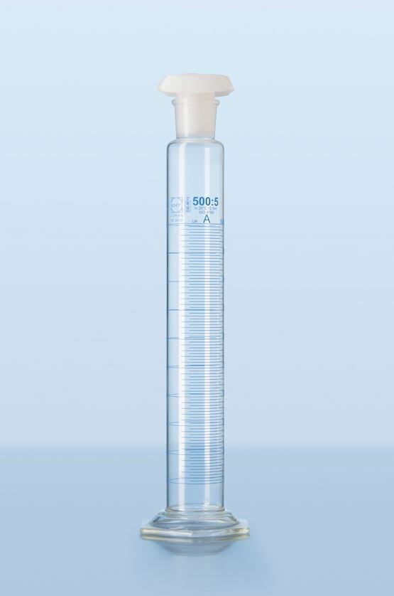 《德國 DWK》德製 DURAN 有栓量筒A級 250ML【1支】實驗儀器 玻璃容器 量測瓶 Measuring Cylinder with plastic stopper