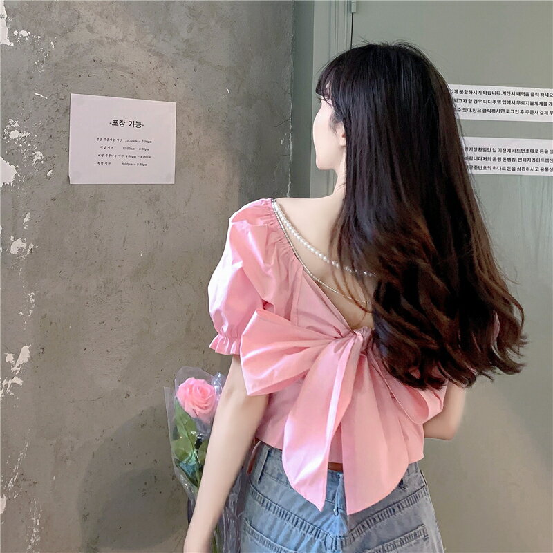 洋氣蝴蝶結短袖襯衫女設計感小眾夏季年新款韓版寬松顯瘦上衣