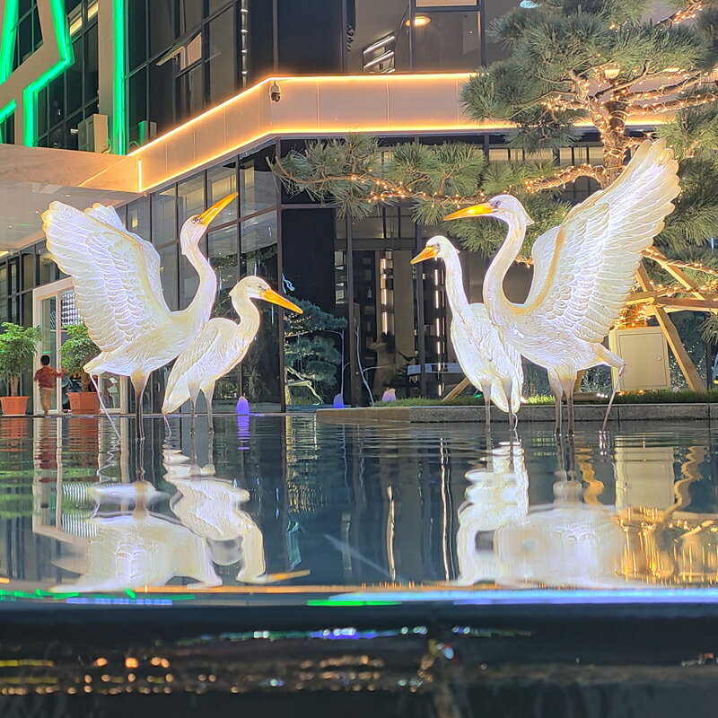 LED燈發光鳥動物擺件模擬白鷺雕塑花園模型觀賞店鋪室外裝飾草坪