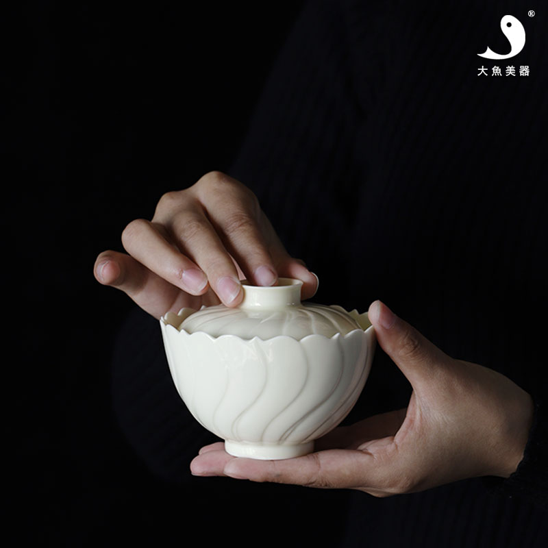 大魚美器手工蓋碗景德鎮功夫茶具雕刻菊瓣如意奶黃泡茶碗日式家用1入