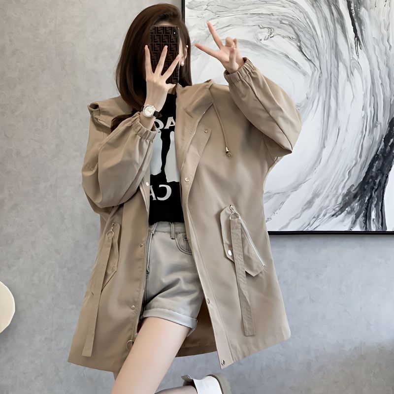 卡其色風衣女中長款韓版寬松大碼休閒百搭連帽外套潮春秋新款