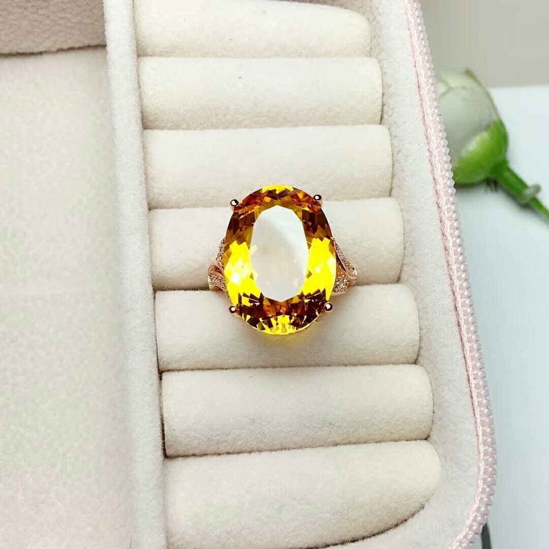 促銷包郵招財純天然黃水晶戒指女彩色寶石戒子純銀飾品開口指環女