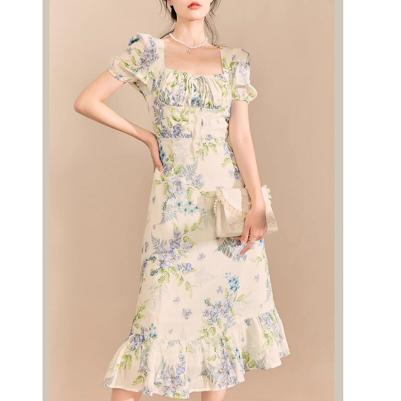 法式連身裙 短袖洋裝 碎花長裙 度假穿搭 印花裙 AS255 夏日服飾 女性長洋裝