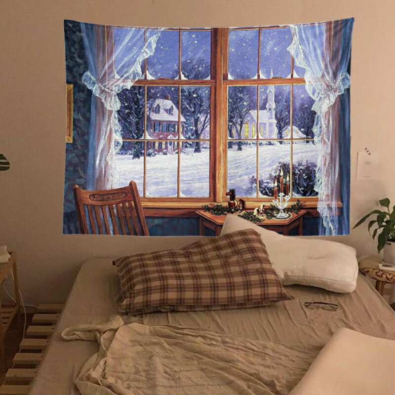 ins圣誕復古氛圍感油畫窗戶床頭背景布 裝飾掛毯布藝掛畫墻上掛布