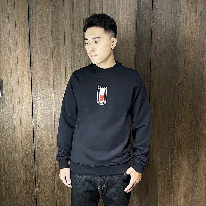 美國百分百【全新真品】Tommy Hilfiger 大學T 棉質 毛巾布 TH 長袖上衣 logo 深藍 DA69