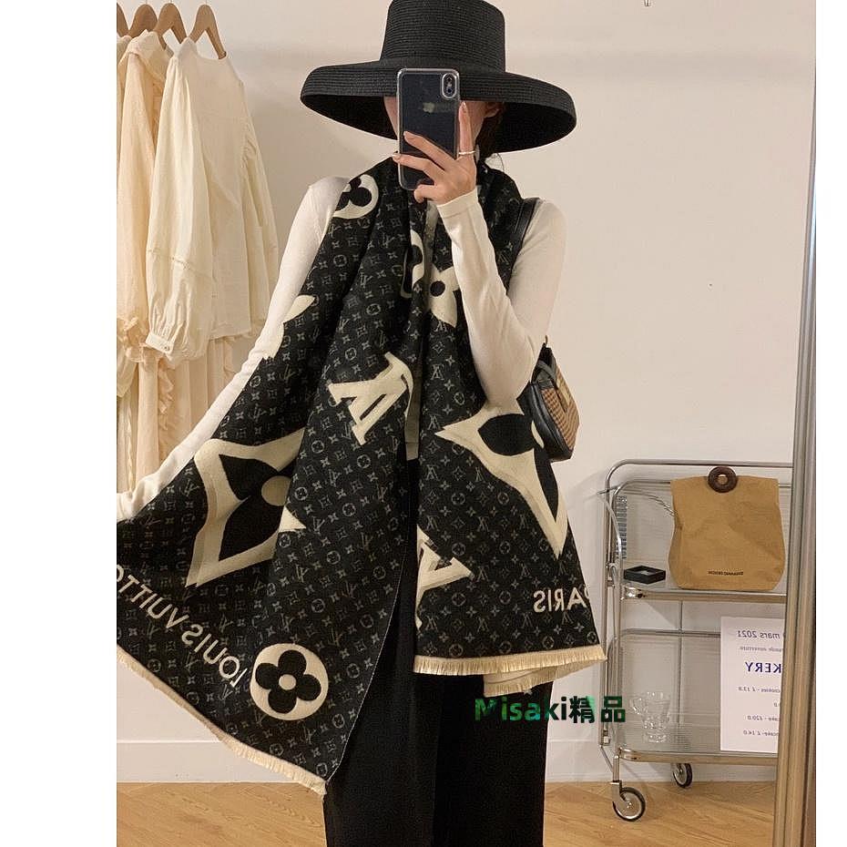 直購#圍巾披肩 女圍巾 披肩 圍脖 禮服披肩 空調外搭披肩 仿羊絨圍巾 四葉草老花圍巾 披巾批肩 披風圍巾 拼色圍巾-Misaki精品