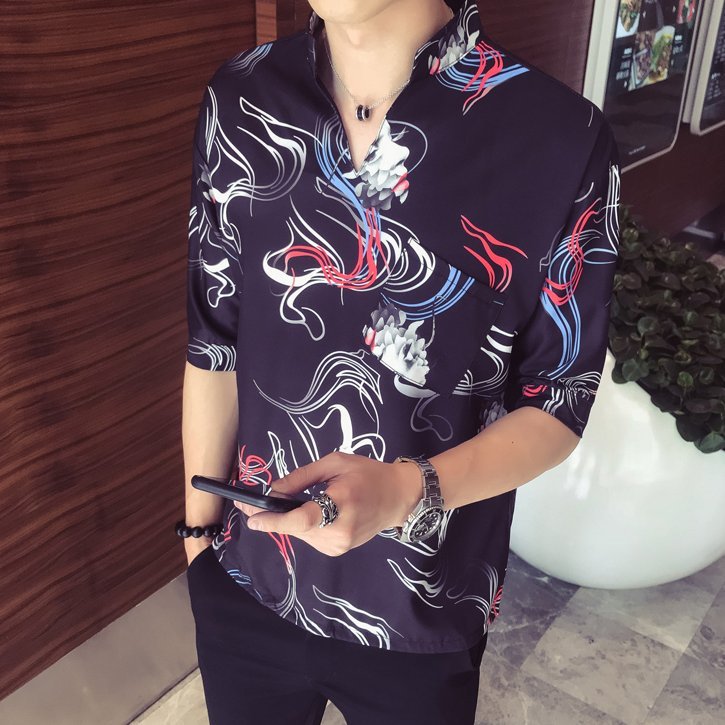 FINDSENSE H1 2018 夏季 新款 薄款 復古 花襯衫 V領襯衫 五分寬鬆 男 短袖襯衫 休閒 潮流上衣