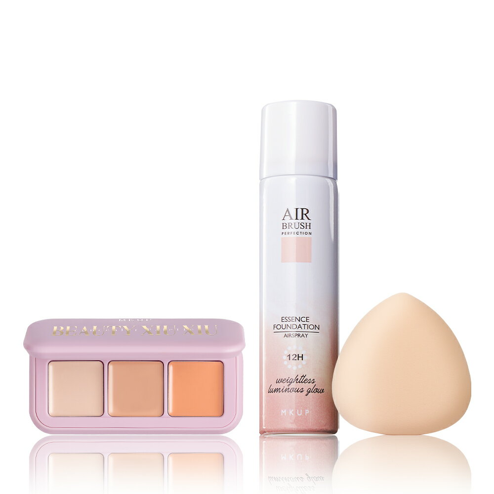 MKUP 美咖【新品上市】美肌修修三色遮瑕盤+空氣感精華粉底液SPF19★★★★+彈力氣墊粉撲