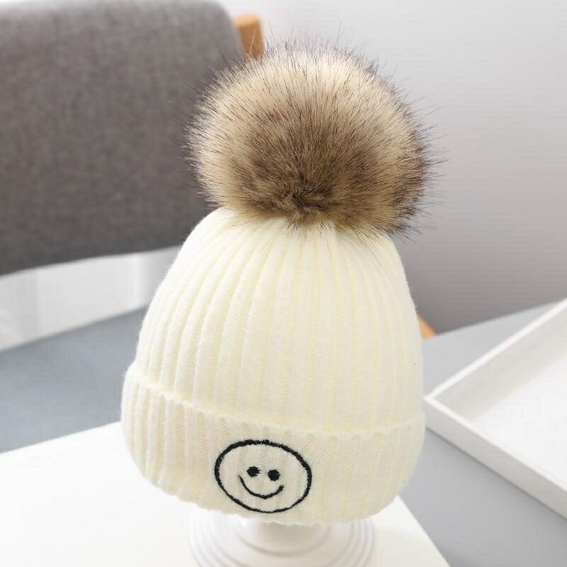 新款兒童秋冬韓版保暖男童女童嬰兒針織微笑毛線帽子寶寶時尚毛球