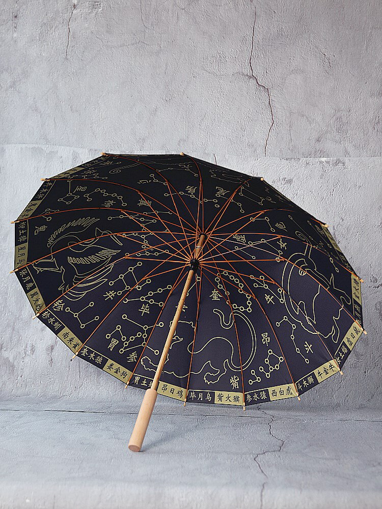 原創復古風傘新款黑膠燙金16骨竹桿中國潮風二十八星宿晴雨傘