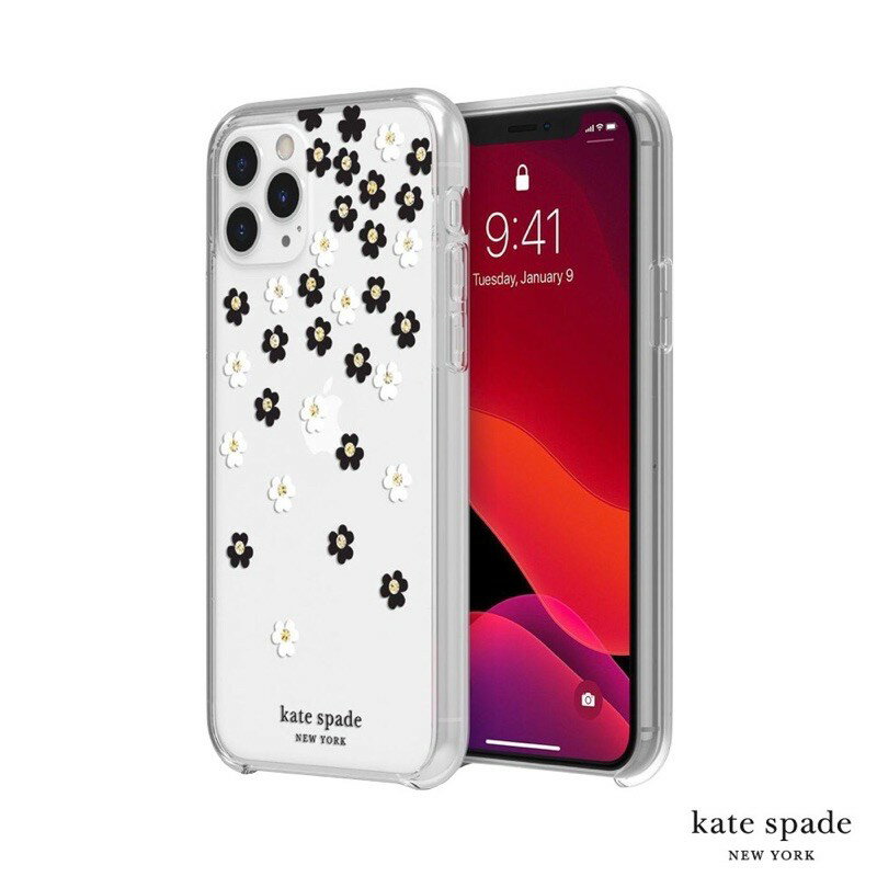 強強滾p-Kate Spade iPhone11Pro5.8吋Scattered Flowers黑白小花透明殼+金色鑲鑽