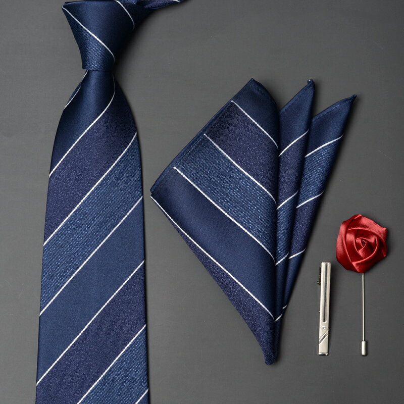 西裝襯衫領帶男士正裝商務8cm條紋 藍色黑職業禮服配飾領夾口袋巾