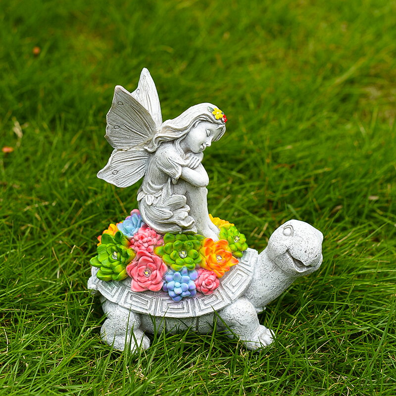 花園天使女孩烏龜雕像戶外太陽能庭院燈樹脂裝飾擺件花仙子燈