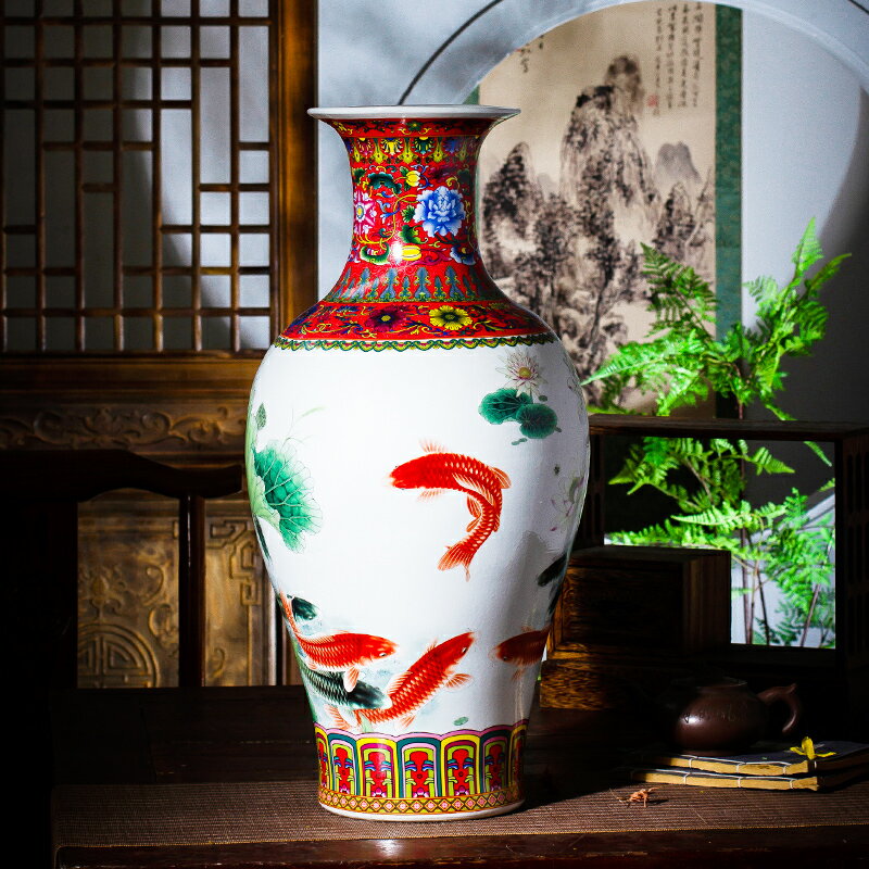 景德鎮陶瓷花瓶擺件家居飾品復古客廳中式博古架琺瑯彩大號魚尾瓶