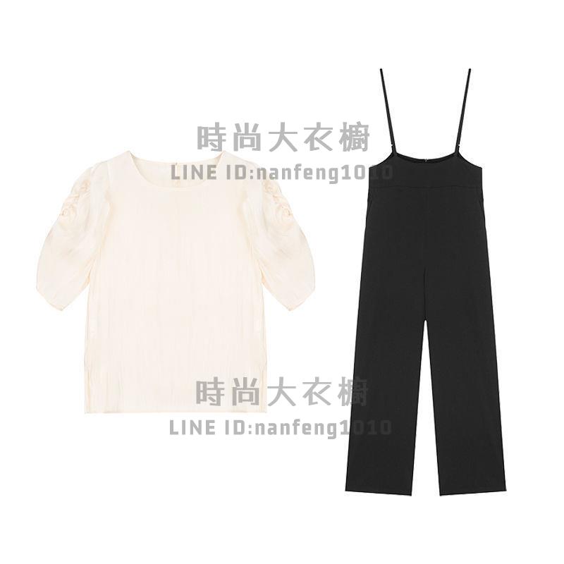 時尚套裝女短袖褲裝韓版氣質泡泡袖高腰背帶褲顯瘦兩件套【時尚大衣櫥】 7