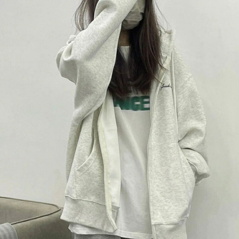 FUXI 美式復古連帽拉鏈外套女 衛衣外套 運動外套 寬鬆慵懶風開衫外套 女裝 衣服 加絨加厚外套