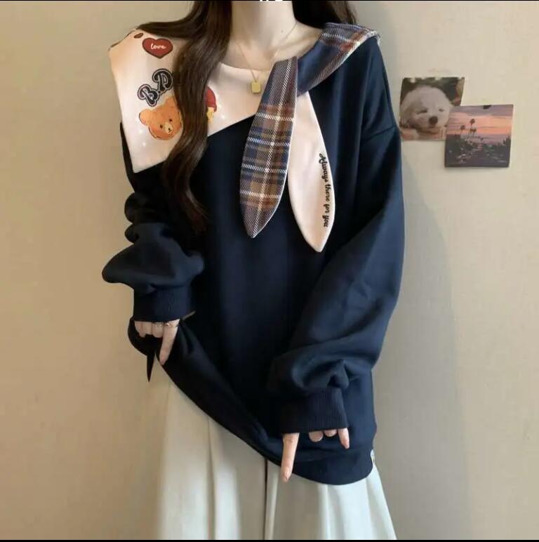 大碼衛衣高階感長袖衛衣女學院風寬松獨特別致深藍色上衣【繁星小鎮】