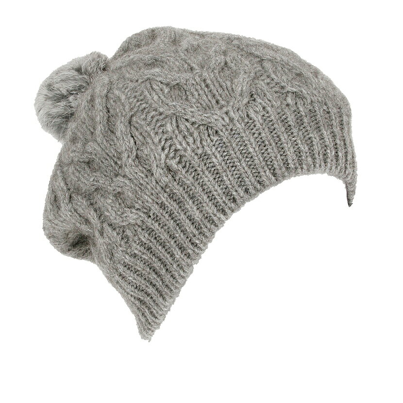 銀灰麻花粗針織紐西蘭貂毛羊毛貝蕾帽兔毛球 毛線帽保暖帽毛球帽
