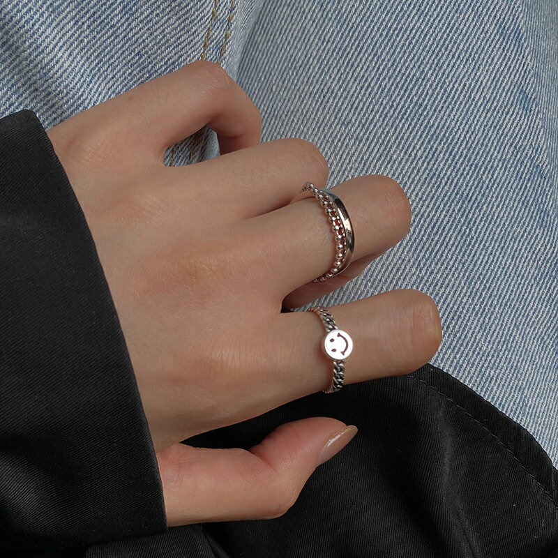 925純銀羅馬數字鏤空戒指女ins潮時尚笑臉個性冷淡風圓珠鏈食指戒 2