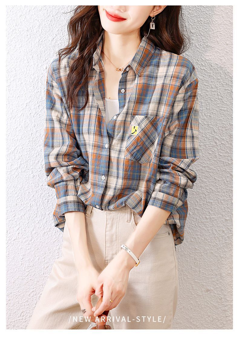 女裝 女上衣 衣服 寬鬆上衣 韓版襯衫 格子 棉質格子襯衫女長袖春裝新款韓版時尚設計感顯瘦襯衣女上 5