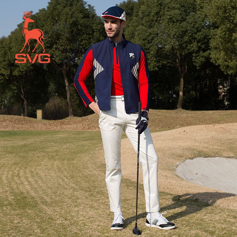 SVG新款高爾夫男士運動服飾背心外穿無袖藏藍色撞色青年立領外套