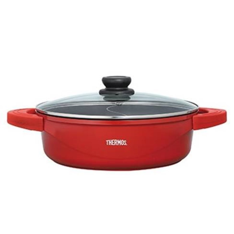 ★免運★THERMOS膳魔師 TFP雙耳附蓋壓鑄鴛鴦火鍋28cm(紅) [大買家]