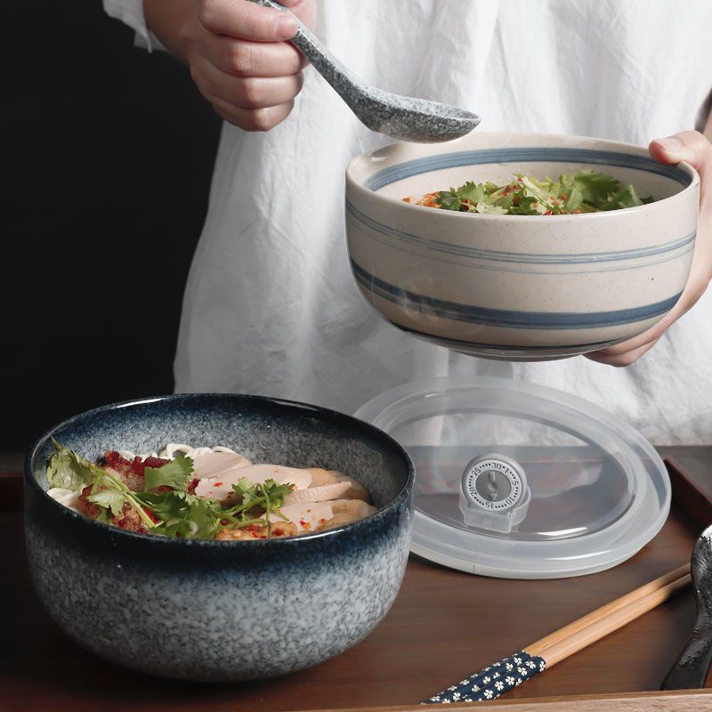 日式陶瓷泡麵碗帶蓋單個便當碗學生宿舍易清洗大飯碗家用碗筷套裝【步行者戶外生活館】