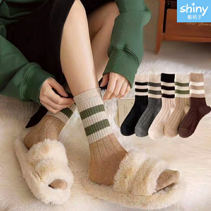 溫暖冬季‧條紋百搭保暖棉襪中筒襪-shiny藍格子【30A14】