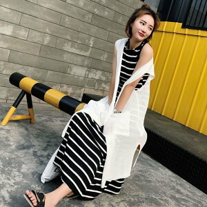 FINDSENSE G6 韓國時尚 夏季 套裙 條紋 無袖 簡約 百搭 氣質 潮流 修身 套裝 針織衫 連身裙 兩件套