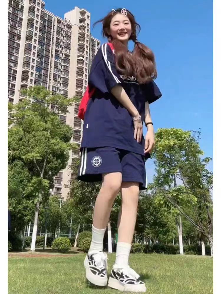 運動服套裝女短袖T恤寬松短褲一整套潮夏季復古學院風休閒跑步