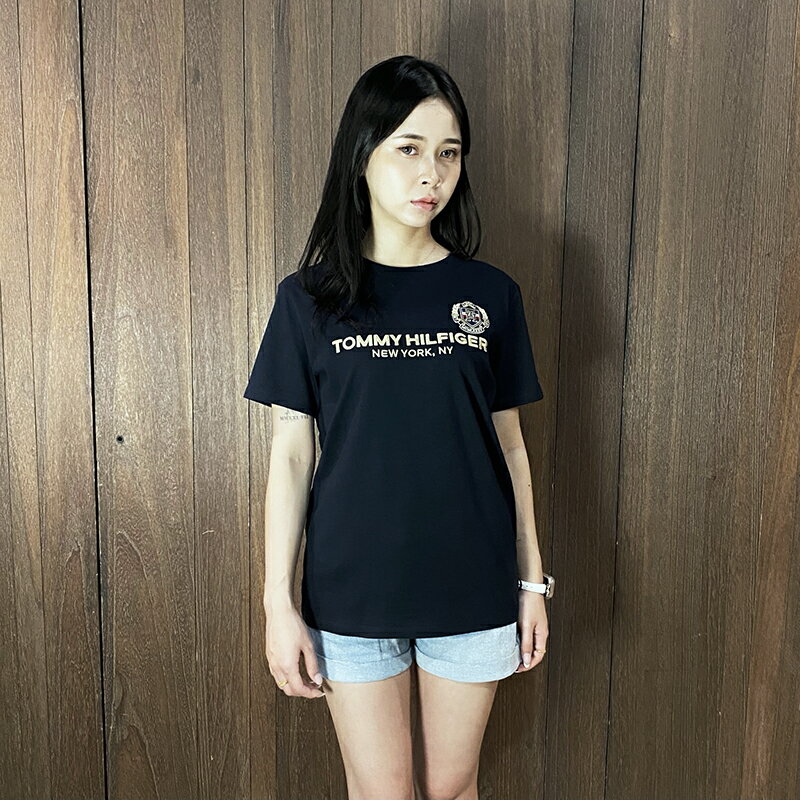 美國百分百【全新真品】Tommy Hilfiger 短袖上衣 棉質 女款 青年版 TH T恤 logo 短T 深藍 CQ37