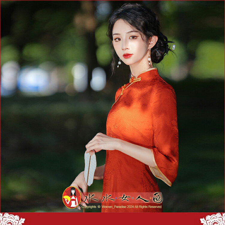 七分袖提花緞長旗袍秋季復古改良民國風立領花邊優雅氣質年輕款少女連身裙洋裝日常可穿-迷逸-水水女人國