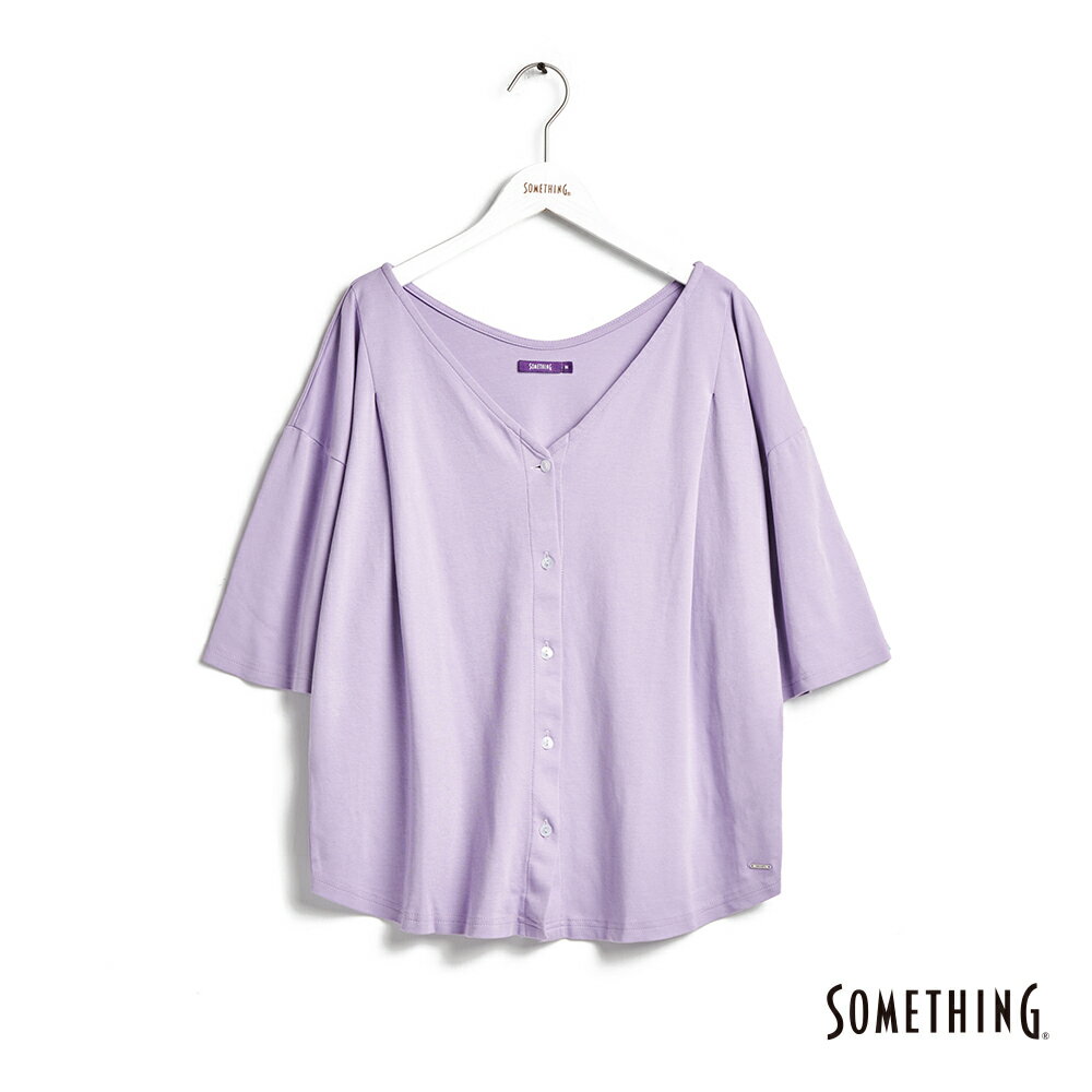 SOMETHING 打褶造型寬版Ｖ領開襟短袖襯衫-女款 粉紫色