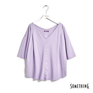 SOMETHING 打褶造型寬版Ｖ領開襟短袖襯衫-女款 粉紫色