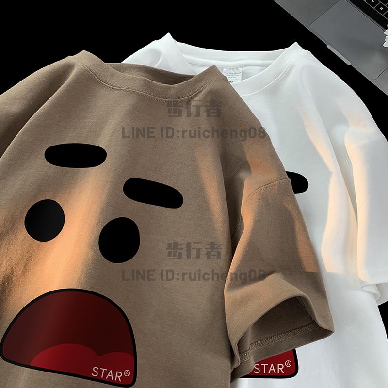 純棉港風oversize小領口短袖T恤男趣味百搭寬鬆休閒情侶上衣夏季【步行者戶外生活館】