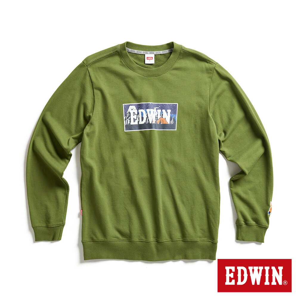 EDWIN 男款 露營系列 富士山營地BOXLOGO厚長袖T恤(橄欖綠)