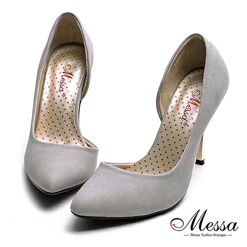 <br/><br/>  【Messa米莎專櫃女鞋】MIT尖頭蜜桃絨側鏤空金屬高跟包鞋-灰色<br/><br/>