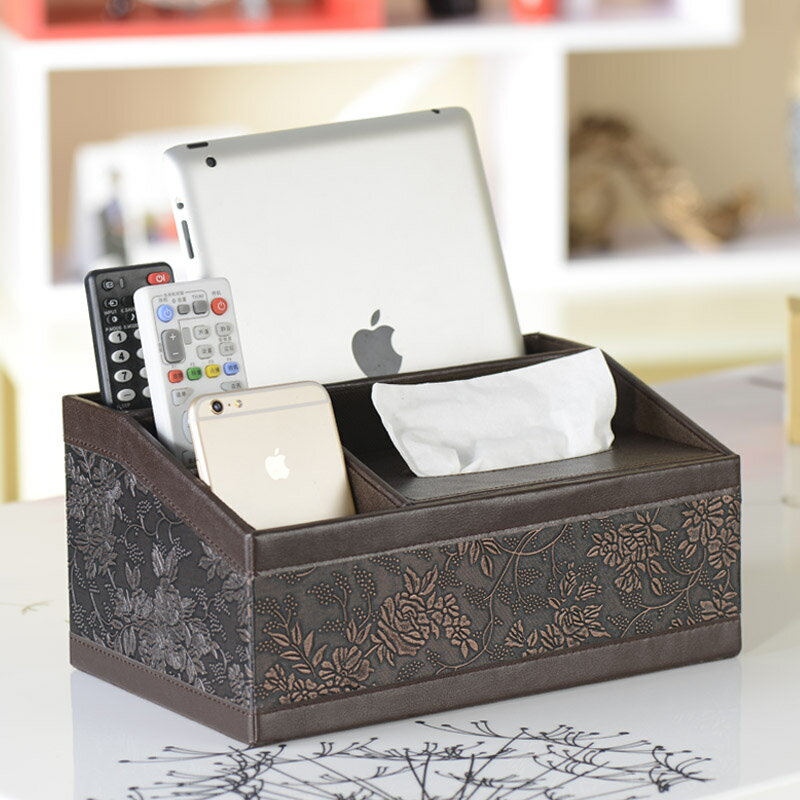 家用皮質多功能紙巾盒 抽紙盒創意 桌面皮革手機遙控器收納盒
