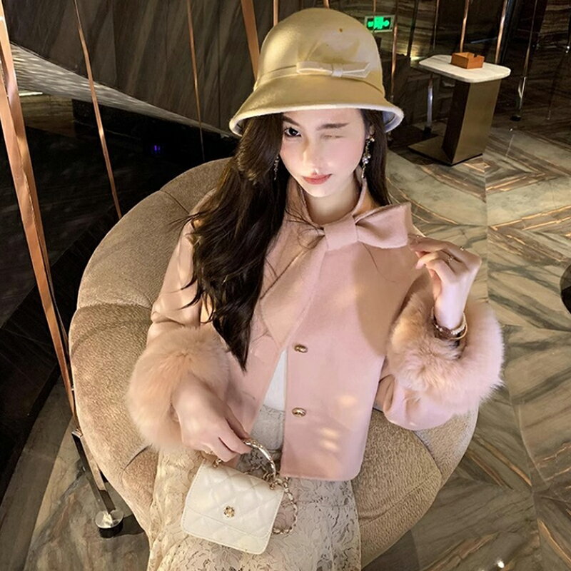 【巴黎精品】現貨+預購 羊毛大衣毛呢外套-保暖可拆卸狐狸毛袖蝴蝶結造型領口短版氣質女外套3色a1ik45