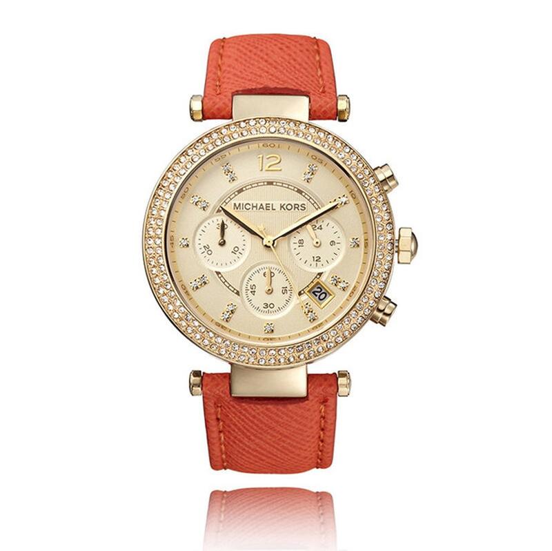 『Marc Jacobs旗艦店』美國代購 Michael Kors 橘亮色真皮錶帶金色鑲鑽潮流手錶 ｜MK