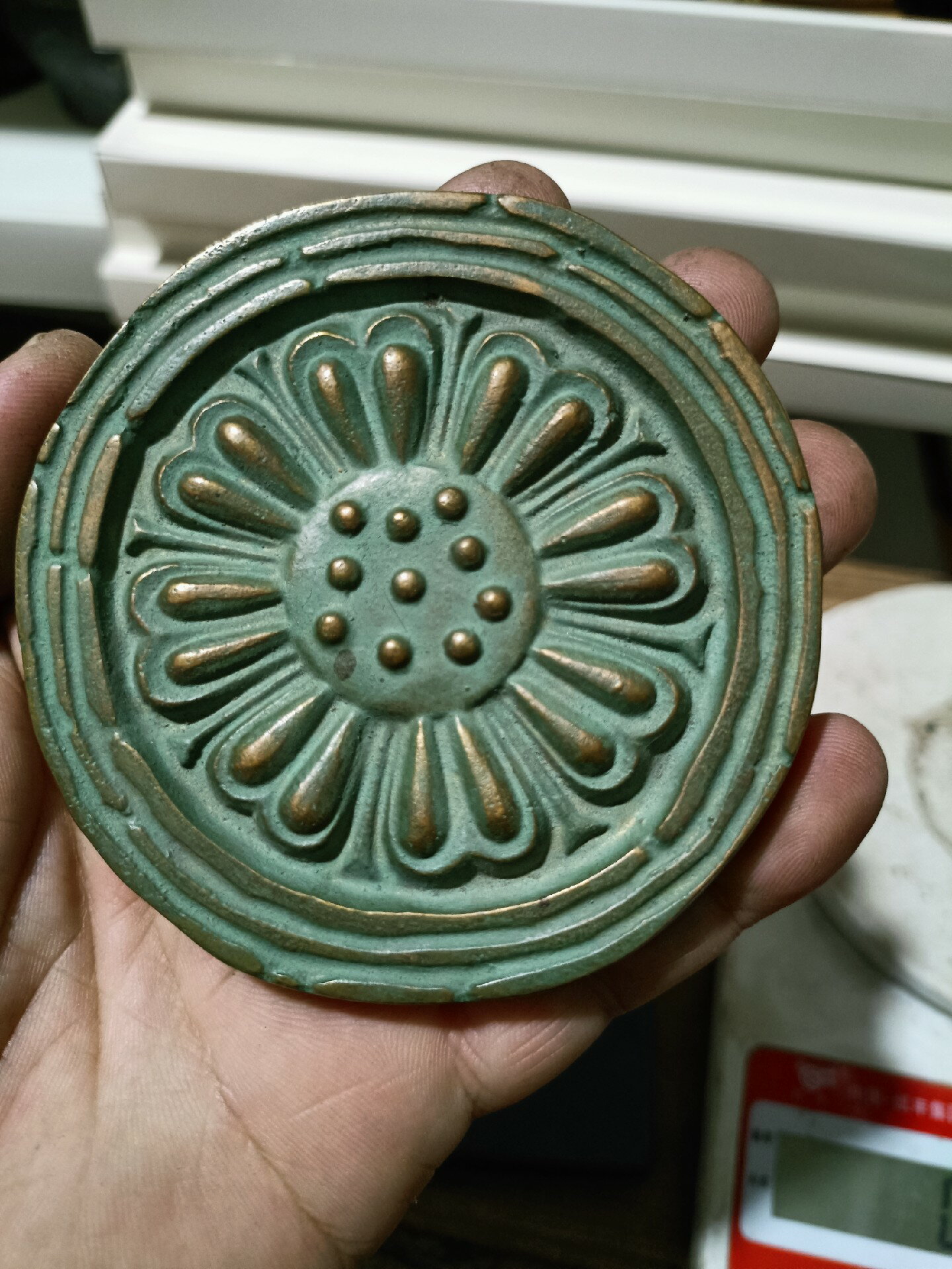 日本回流銅器昭和時期銅文鎮文房器銅擺飾瓦當樣式銅蓮花紋，全品